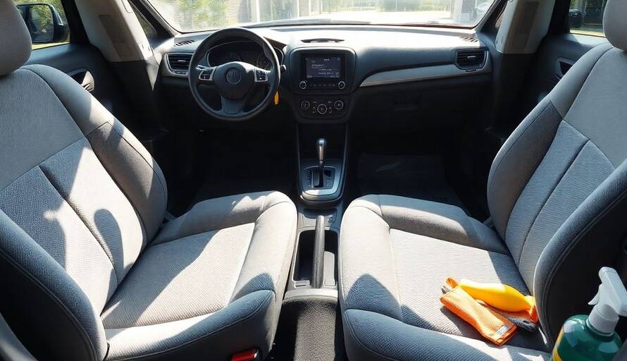 Schone autostoelen en dashboard in een opgeruimd interieur.